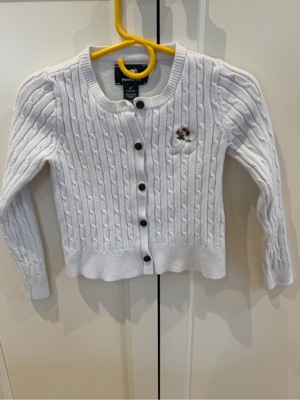 Roots 4t White Cable Knit Button-Front Cardigan with Floral Embroidery
